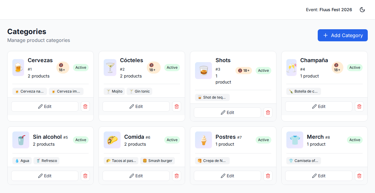 Fluus admin — menu categories with the 18+ badge on beers, cocktails, shots and champagne