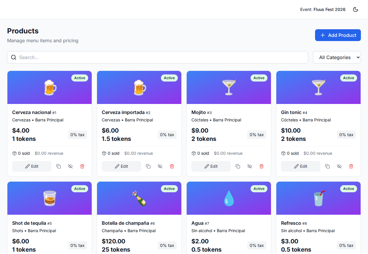 Fluus admin — menu products priced in dollars and in tokens