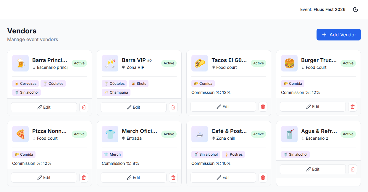 Fluus admin — eight event vendors (bars, food trucks, merch) each with their own categories and commission