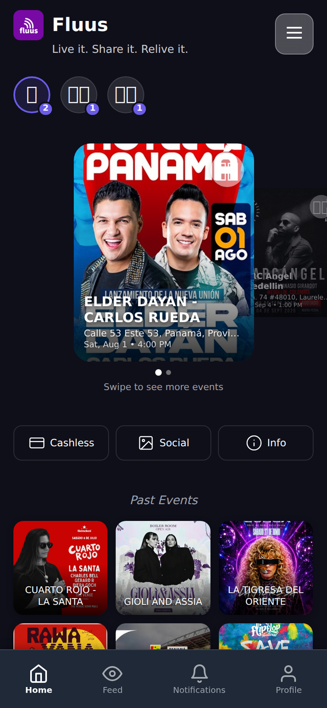 Fluus attendee app home — live event listings
