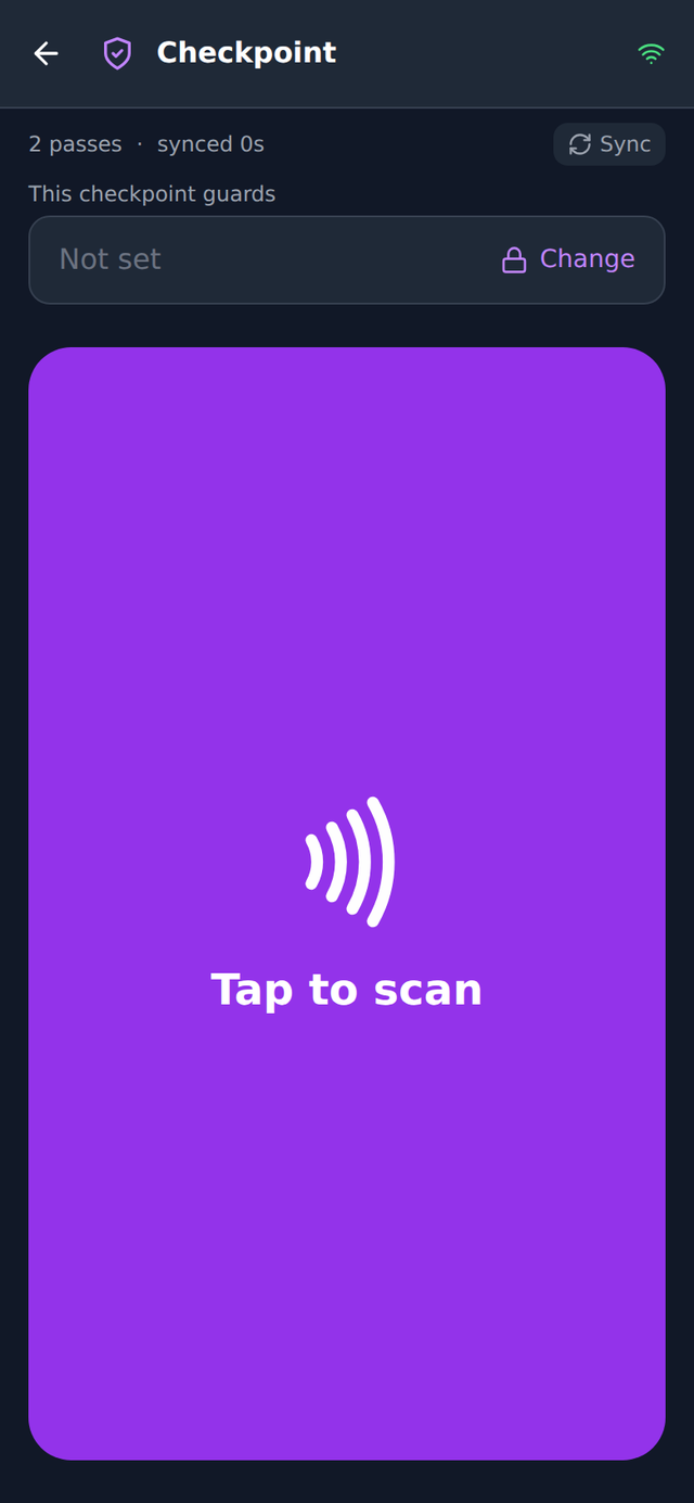 Fluus Gate — access checkpoint ready to scan