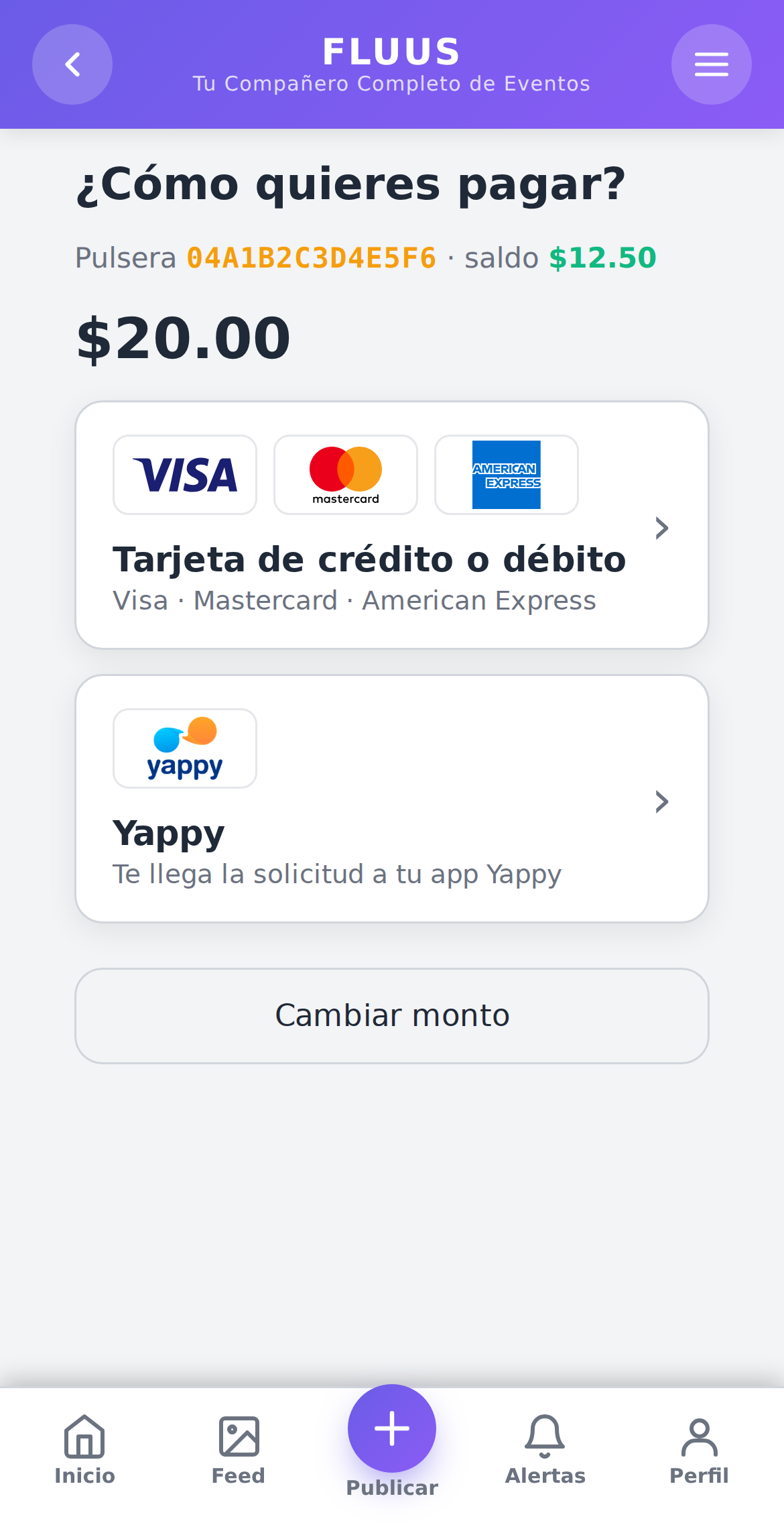 fluus.app — choosing card or Yappy to top up a wristband